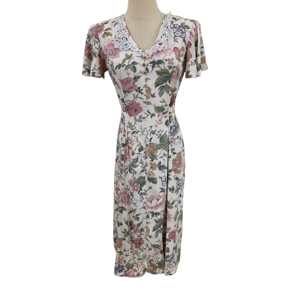 Vtg 90s En Focus Floral‎ Cottagecore Dress Lace Trim Sz 3/4 Midi Prairie